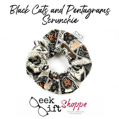 Black Cat and Pentagrams Scrunchie • Cute Hair Scrunchy • Beige Orange Skull Halloween Hair Tie • 90s Fashion Style • Gift for Her Teen Girl