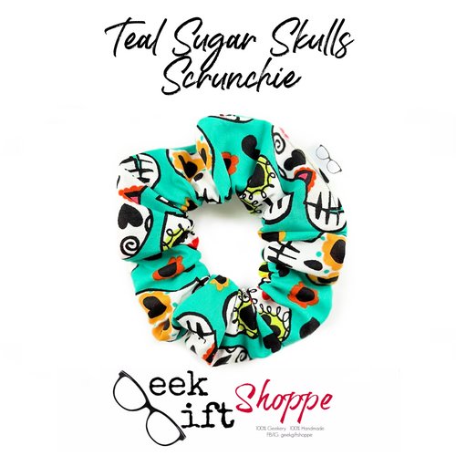 Teal Sugar Skulls Scrunchie • Cute Scrunchy • Hair Tie • 90s Fashion Style • Gift for Her Teen Girl • Dia de los Muertos Halloween Ponytail