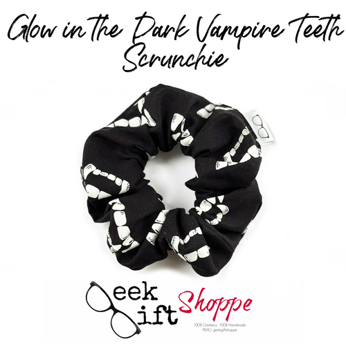 Glow in the Dark Vampire Teeth Scrunchie • GITD Hair Scrunchy • Black Halloween Hair Tie • 90s Fashion Style • Gift for Her Teen Girl Goth
