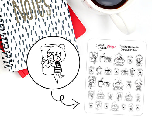Geeky Gwennie Needs Coffee Planner Sticker / Life Planner Sticker / ECLP / Coffee Cup Sticker / Character Sticker / Nerd Girl Glasses / G007