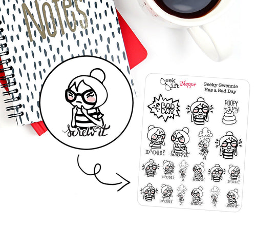 Geeky Gwennie Has A Bad Day Planner Sticker / Life Planner Sticker / ECLP / Angry Sad Crying Character Sticker / Nerd Girl Glasses / G004
