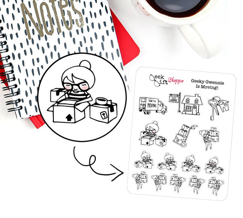 Geeky Gwennie Is Moving Planner Sticker / Life Planner Sticker / ECLP / Packing Move Sticker / Character Sticker / Nerd Girl Glasses / G010
