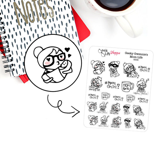 Geeky Gwennie Mom Life Planner Sticker / Life Planner Sticker / ECLP / Parent Mother Child Baby Character Sticker / Nerd Girl Glasses / G005