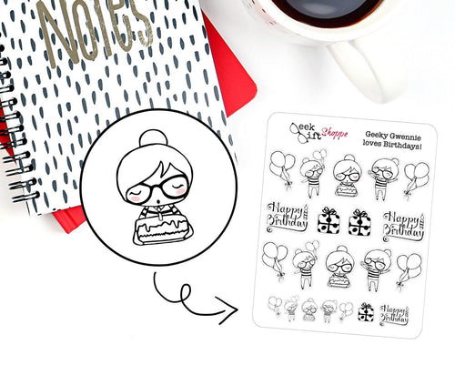 Geeky Gwennie Loves Birthdays Planner Stickers / Life Planner / ECLP / Birthday Sticker / Character Sticker / Cute Girl Glasses / G006