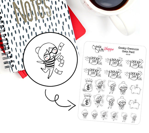 Geeky Gwennie Gets Paid Planner Sticker / Life Planner Sticker / ECLP / Pay Day Payday Sticker / Character Doodle / Cute Nerd Girl / G018